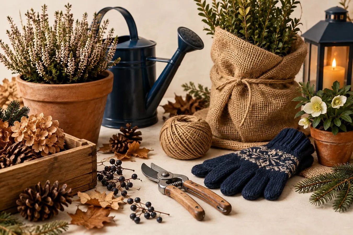 Stillleben zum Thema Garten winterfest machen: Pflanzen schützen, Lebensräume erhalten